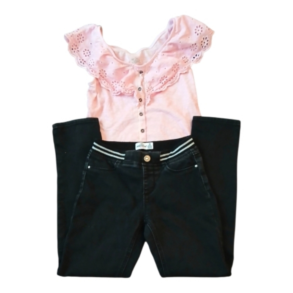 Pink Ruffled Top and Black Jeans Set